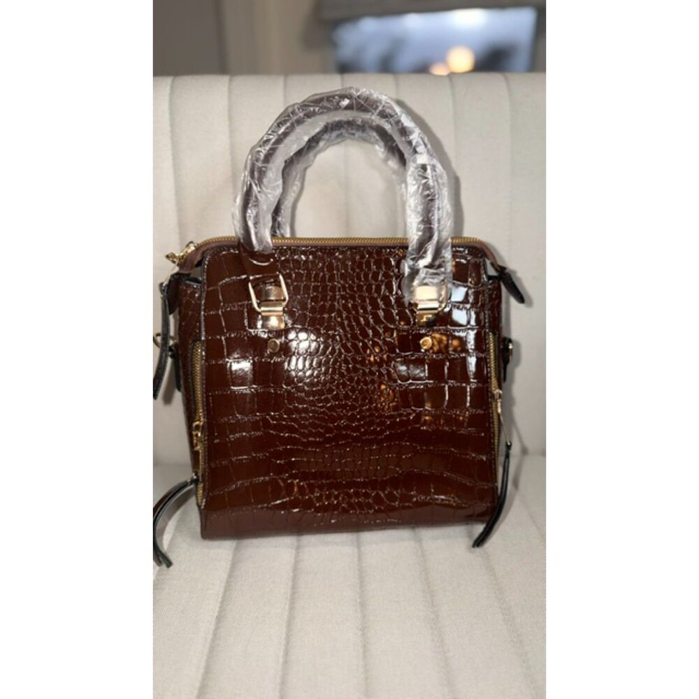Brown Croc Embossed Satchel Handbag Crossbody Purse with Wallet & Strap